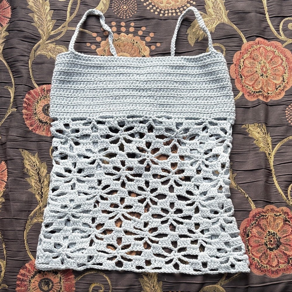 Elegant Baby Blue Crochet Flower Mesh Top.